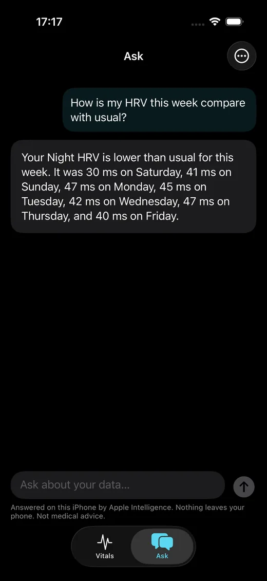 Ask screen answering a question about HRV on the iPhone